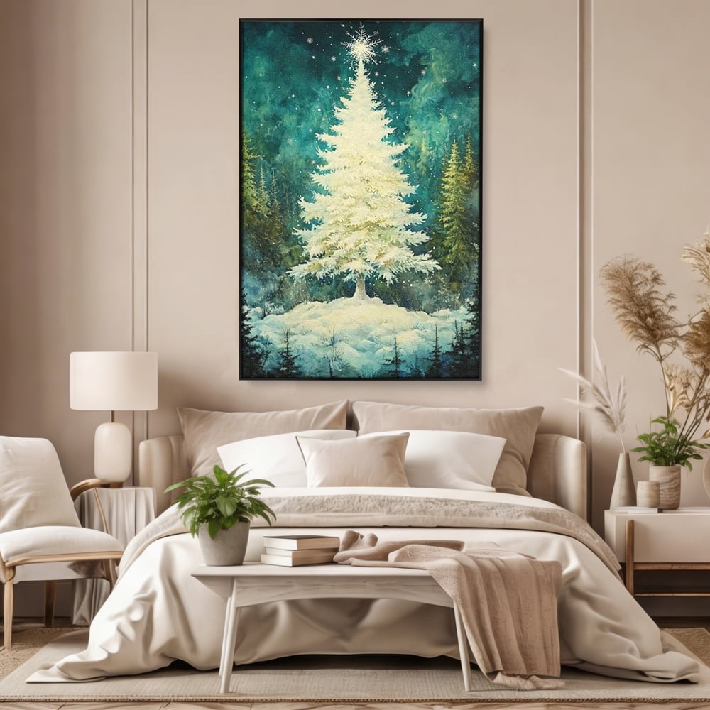 Tablou canvas cu pictura cu brad alb inzapezit, in rama de aluminiu negru, pe perete intr-un dormitor